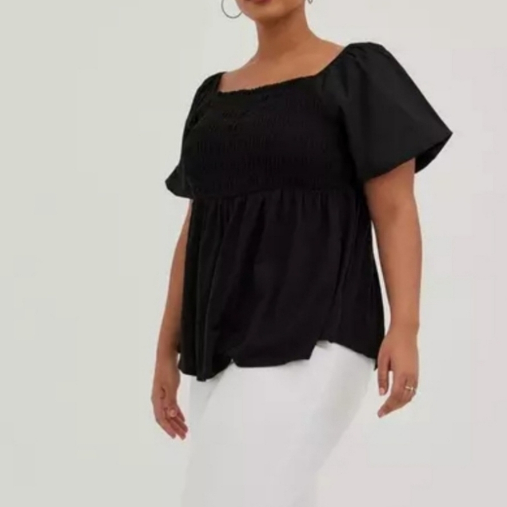 1X TORRID Babydoll Mixed Cotton Modal Slub & Poplin Smocked Bodice Puff Sleeve